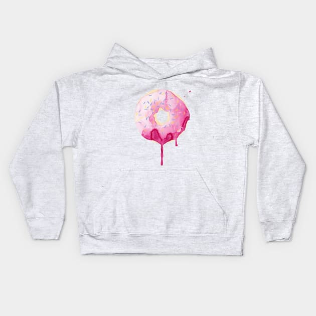 Cute Big Pink Donut Flowing watercolor design art Kids Hoodie by Bezra